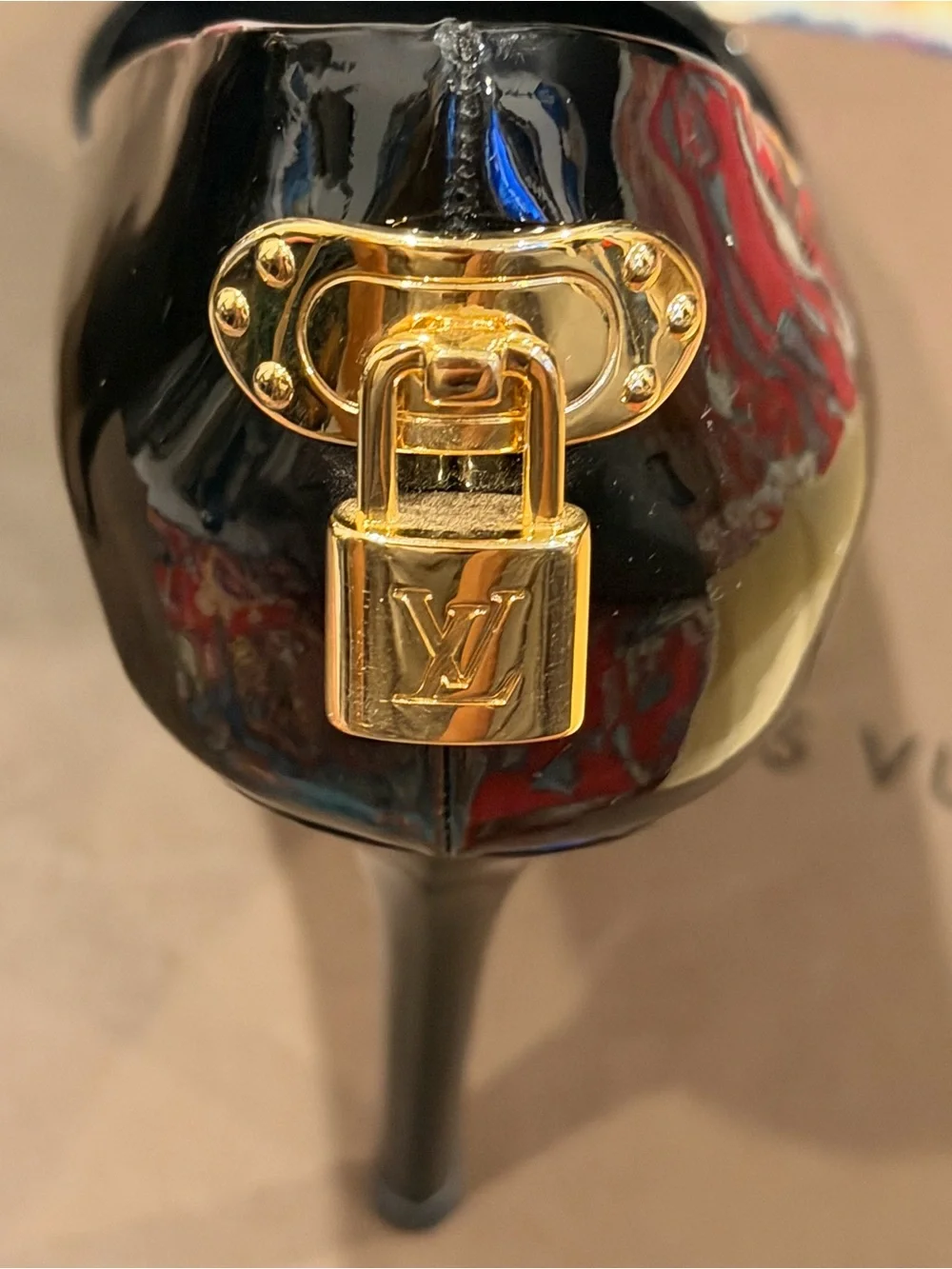 Louis Vuitton Black Patent Peep open Toe Pumps with Gold Accent